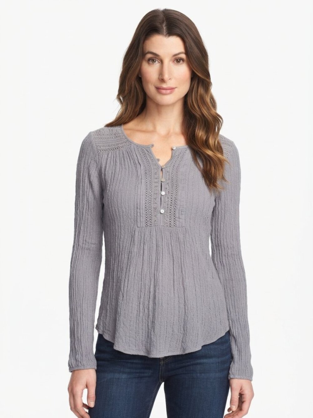 Lucky Brand Drop Needle Knit Crinkle Top Long Sleeve Lavender Medium #A4516